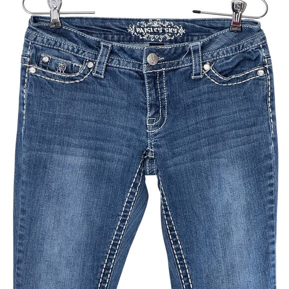 VTG Y2k Bling Low Rise Bootcut Jeans Paisley Sky 4 Stretch Cowgirl Boho Western - Picture 10 of 16